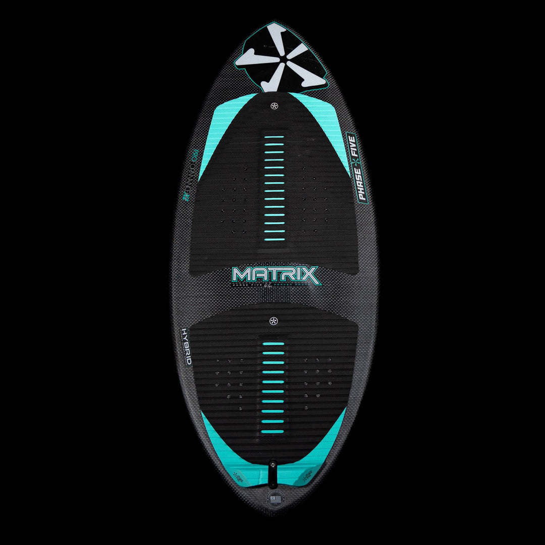 2026 Phase Five Matrix Pro wake surfboard featuring a sleek design with a black and teal color scheme and textured footpads.