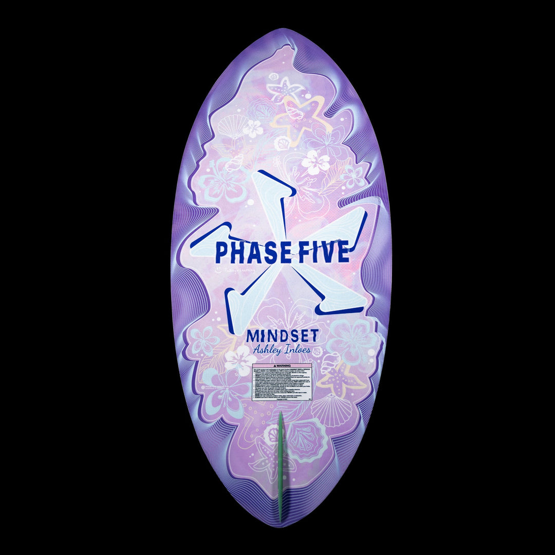 2026 Phase Five Mindset wake surfboard featuring a vibrant purple design with floral patterns and bold lettering.