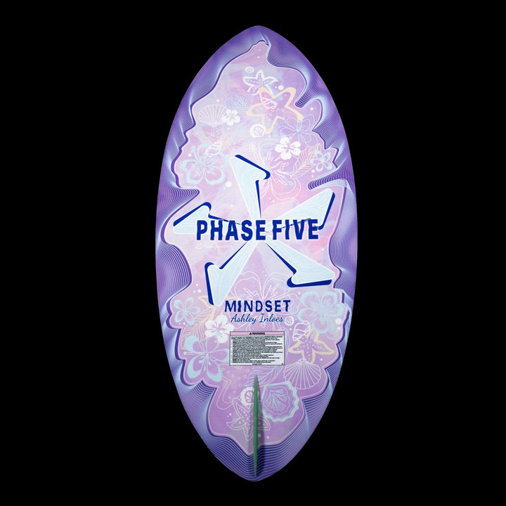 2026 Phase Five Mindset wake surfboard featuring a vibrant purple design with floral patterns and bold lettering.