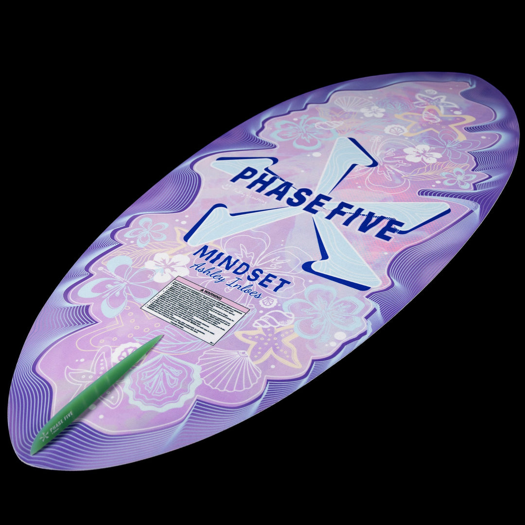2026 Phase Five Mindset surfboard featuring a vibrant purple design with floral patterns and a green fin.