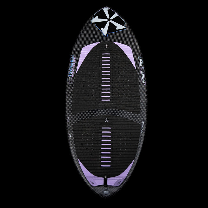 2026 Phase Five Mindset surfboard featuring a sleek design with a black and purple color scheme and textured grip pads.