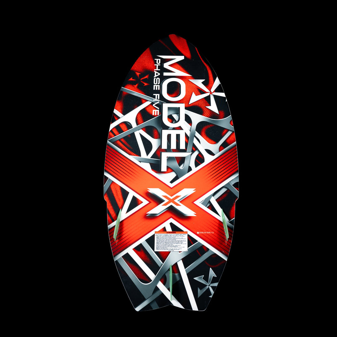 2026 Phase Five Model X wake surfboard featuring a vibrant red and black design with bold graphics and branding.