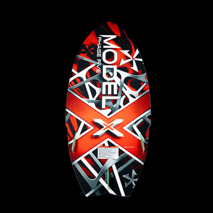 2026 Phase Five Model X wake surfboard featuring a vibrant red and black design with bold graphics and branding.