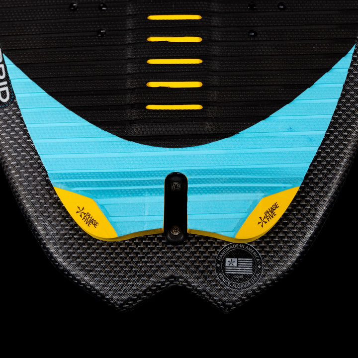 Close-up of the 2026 Phase Five MVP V4 wake surfboard showing its sleek design, textured surface, and vibrant color accents.