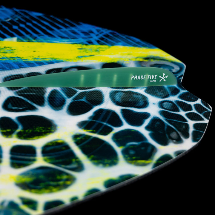 Close-up of the 2026 Phase Five MVP V4 wake surfboard showcasing its vibrant design and branding details.