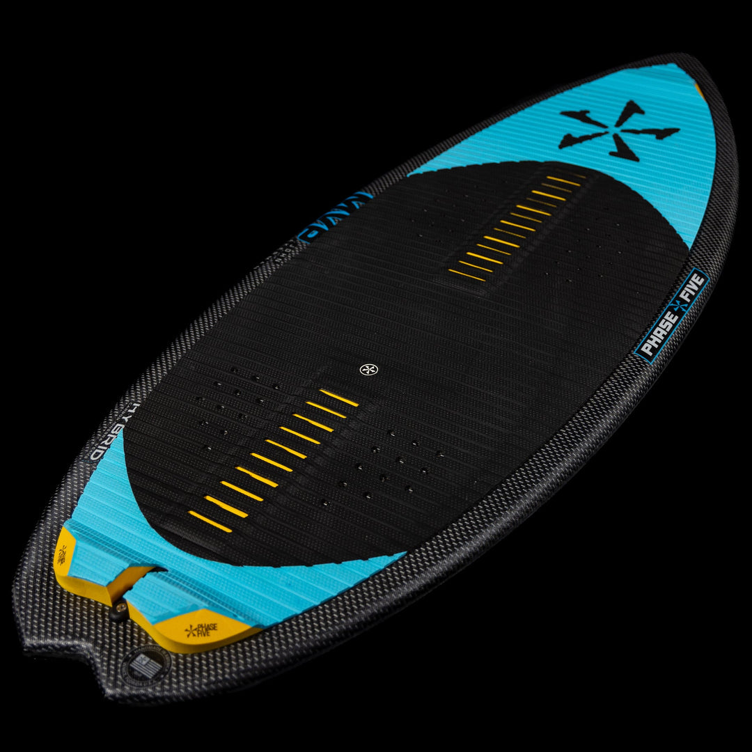 2026 Phase Five MVP V4 wake surfboard featuring a sleek design with a black surface and vibrant blue accents.