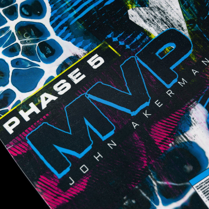 Close-up of the 2026 Phase Five MVP V4 wakeboard featuring vibrant graphics and bold lettering.