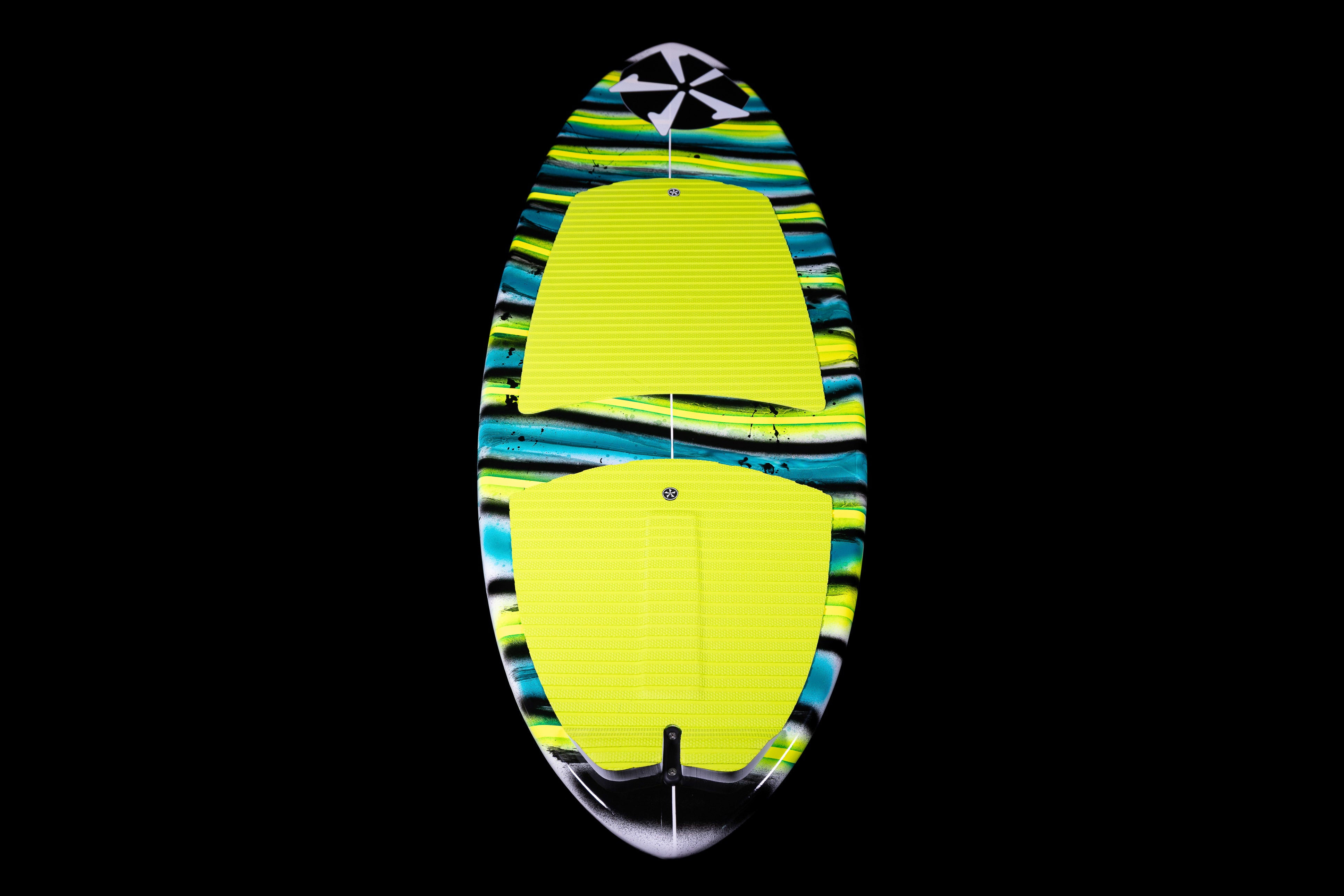2025 Phase 5 Oogle Skim Board featuring a vibrant design with yellow and blue stripes, ideal for water sports enthusiasts.