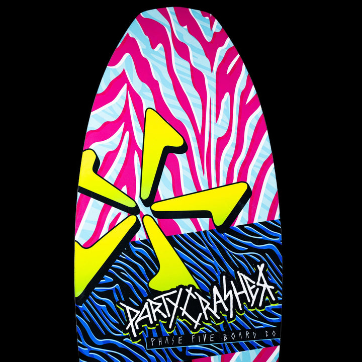 Colorful 2026 Phase Five Party Crasher wake surfboard featuring a vibrant design with bold patterns and graphics.