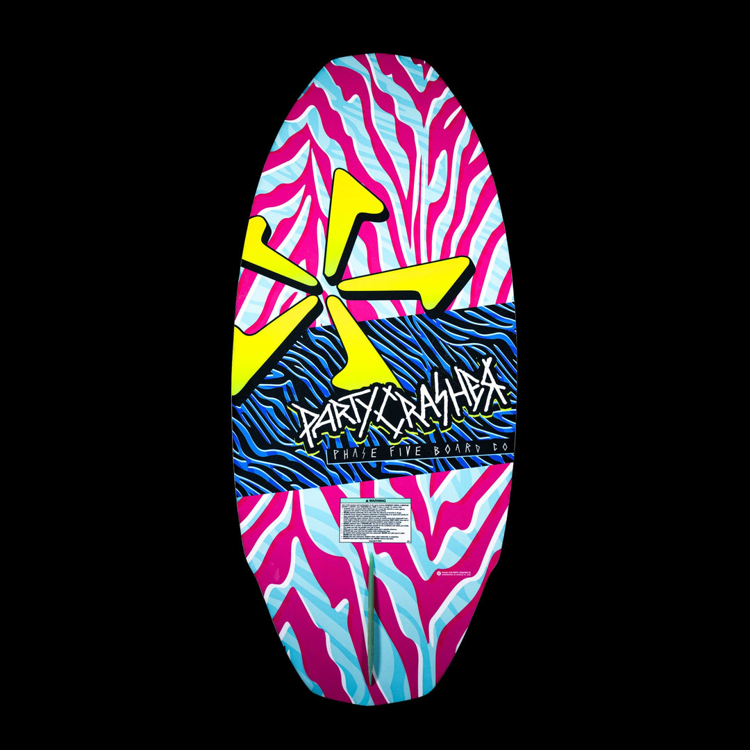 Vibrant 2026 Phase Five Party Crasher wake surfboard featuring a bold pink and blue design with a yellow graphic.