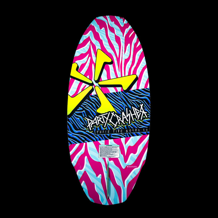 Vibrant 2026 Phase Five Party Crasher wake surfboard featuring a bold pink and blue design with a yellow graphic.