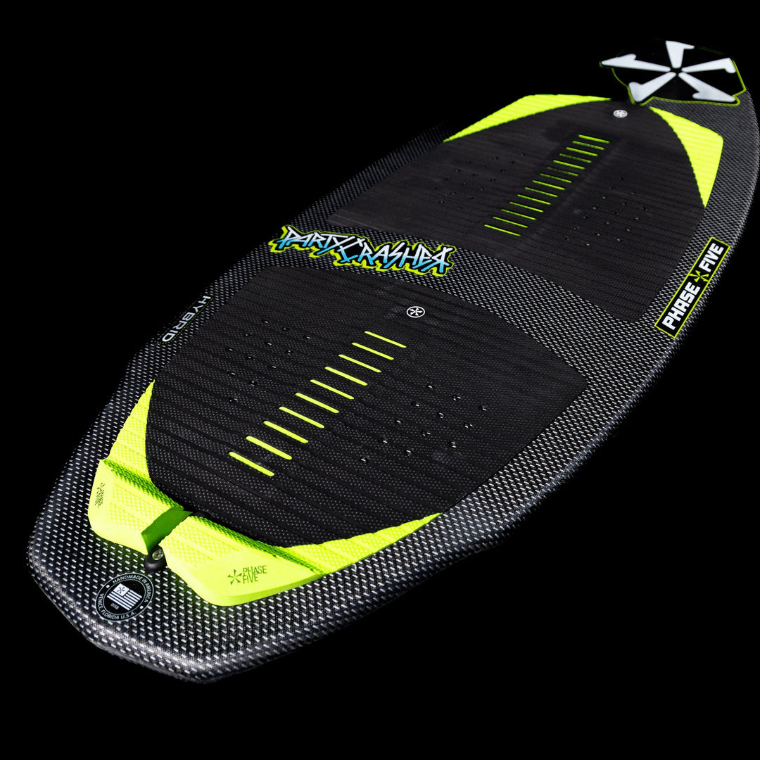 2026 Phase Five Party Crasher wakesurf board featuring a sleek design with a carbon finish and vibrant accents.