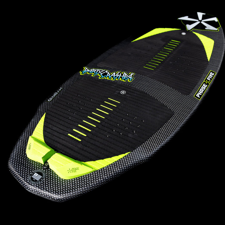 2026 Phase Five Party Crasher wakesurf board featuring a sleek design with a carbon finish and vibrant accents.
