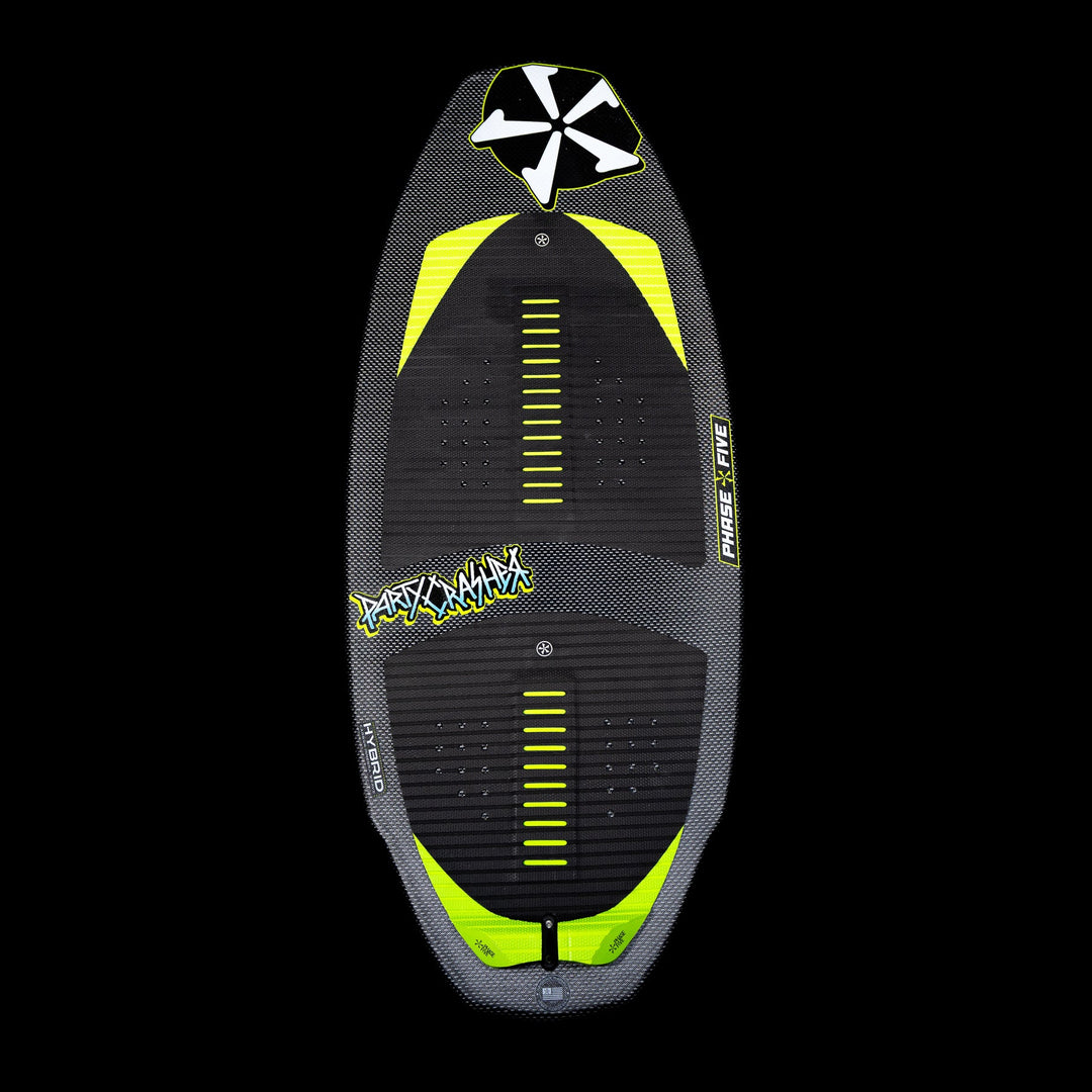 2026 Phase Five Party Crasher wakesurf board featuring a sleek design with a textured surface and vibrant yellow accents.
