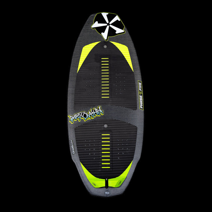 2026 Phase Five Party Crasher wakesurf board featuring a sleek design with a textured surface and vibrant yellow accents.