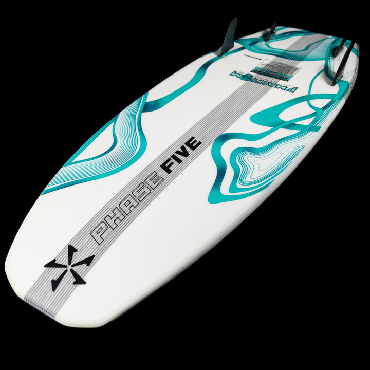 2026 Phase Five Phantom wakesurf board featuring a sleek design with turquoise accents and a streamlined shape for performance.