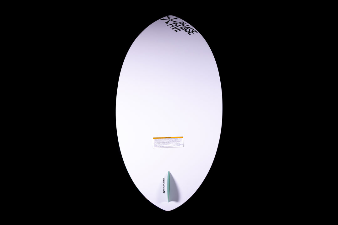 2025 Phase 5 Prop Skim Board featuring a sleek white design and a single fin for enhanced performance on the water.