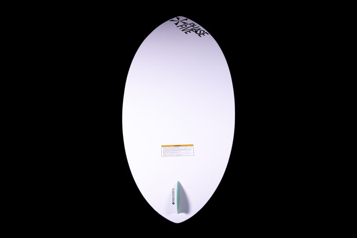 2025 Phase 5 Prop Skim Board featuring a sleek white design and a single fin for enhanced performance on the water.