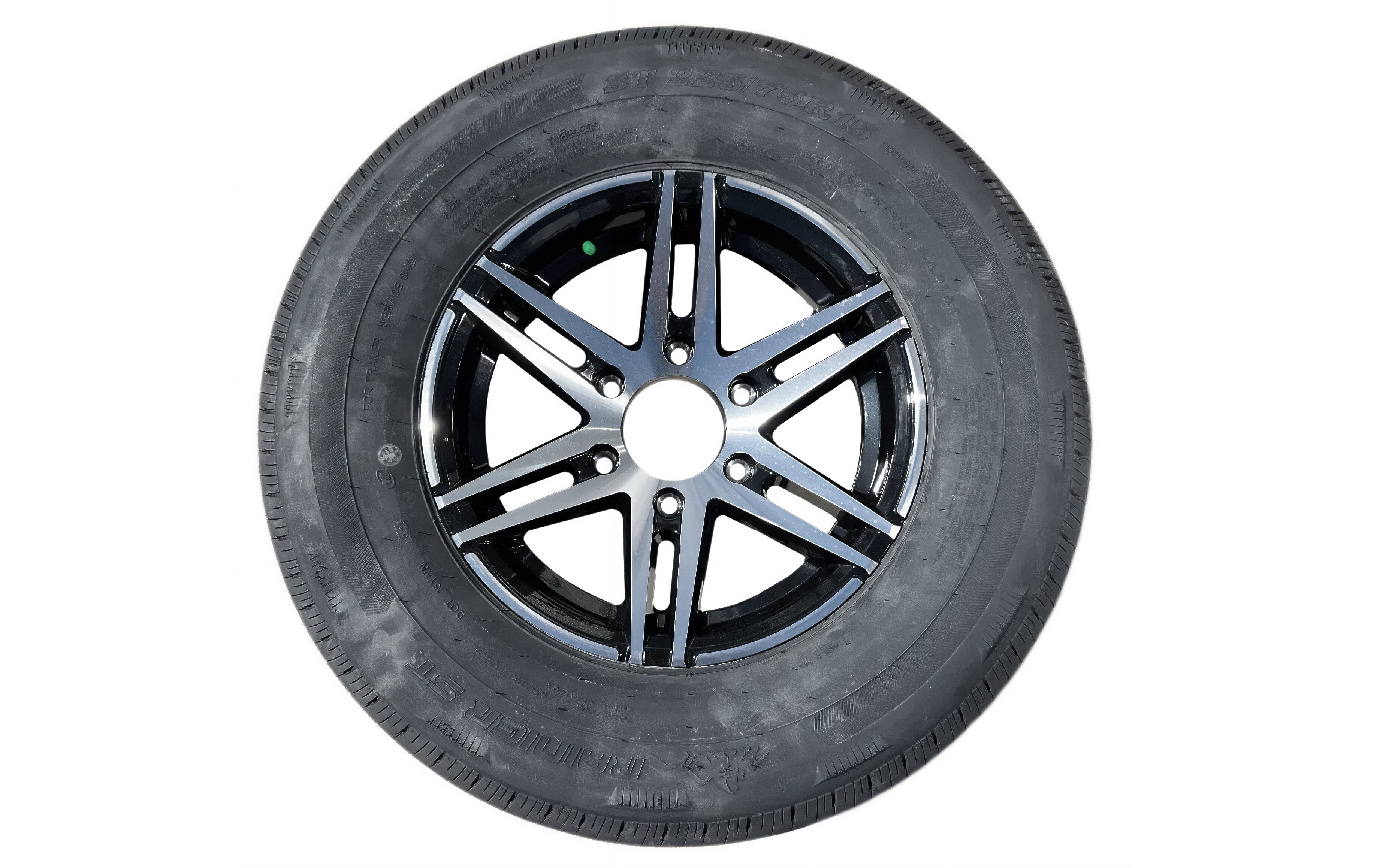 Descriptive alt text: "15-inch Sidewinder MB wheel with mounted Trailer King tire, featuring a black and silver multi-spoke alloy wheel and tread detailed black tire."
