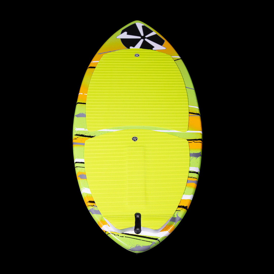 2025 Phase 5 Shrimp Skim Board featuring a vibrant yellow and green design with textured grip surfaces for optimal performance.
