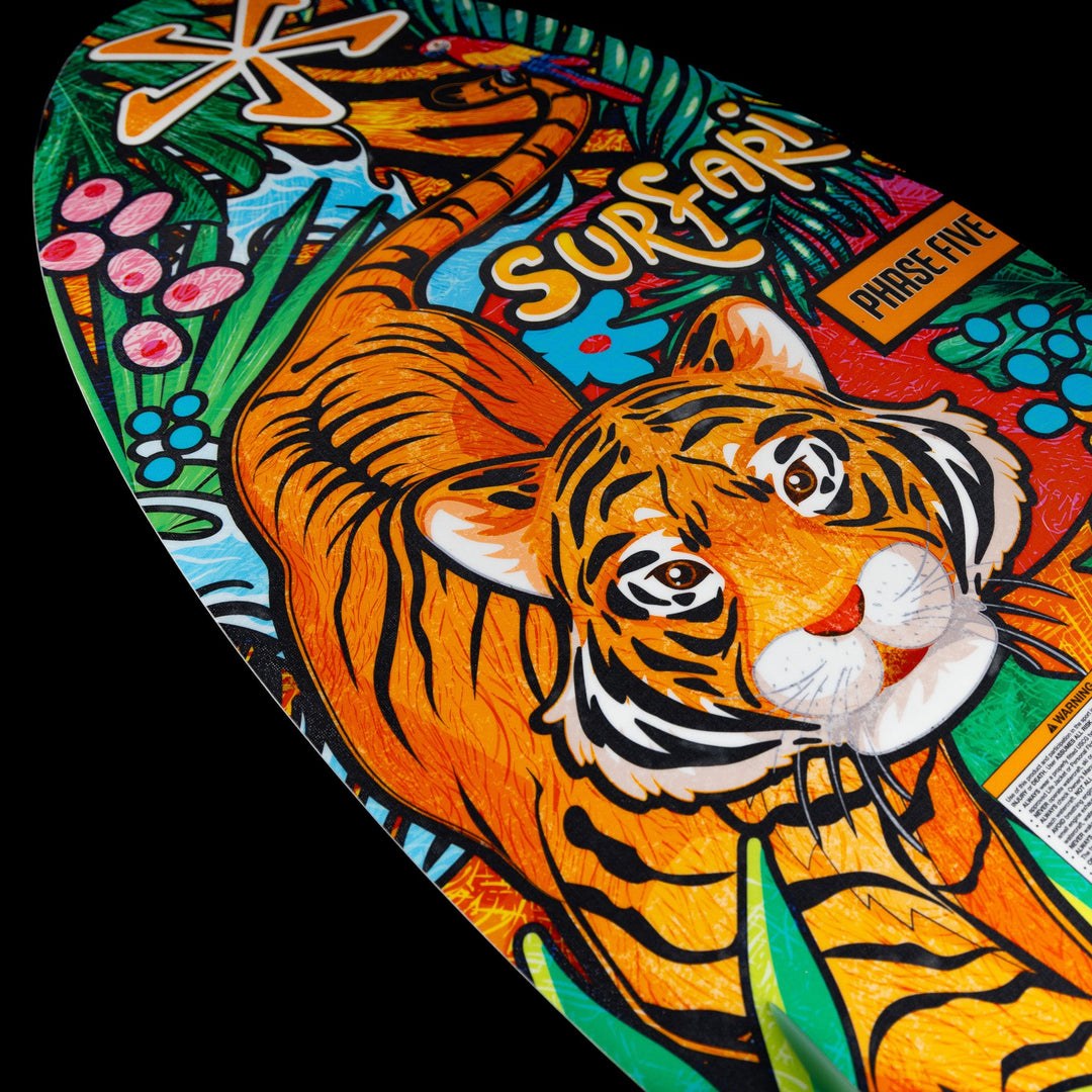 Colorful surfboard featuring a vibrant tiger design with tropical elements, showcasing the 2026 Phase Five Surfari model.