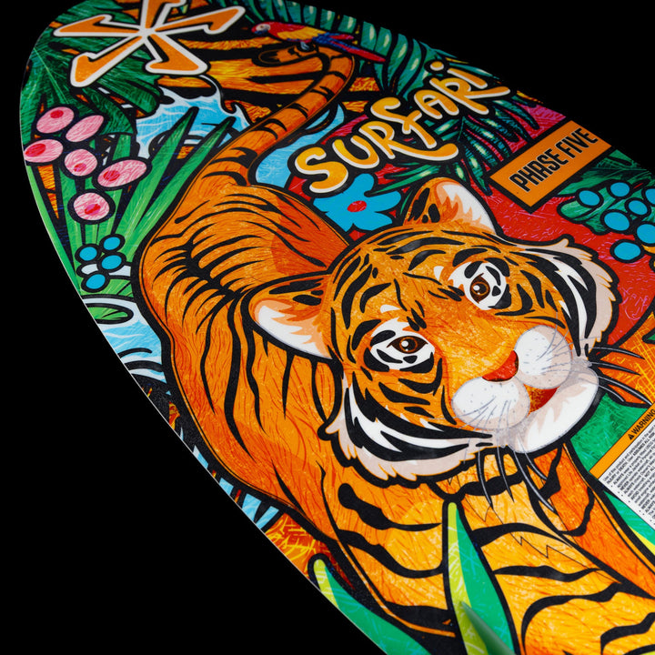 Colorful surfboard featuring a vibrant tiger design with tropical elements, showcasing the 2026 Phase Five Surfari model.