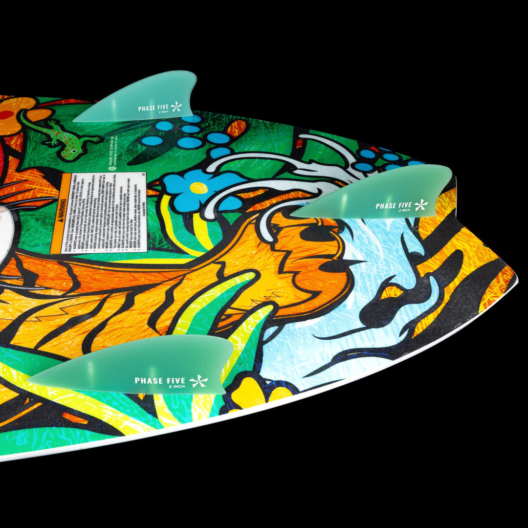 Colorful 2026 Phase Five Surfari surfboard with vibrant graphics and three fins, designed for an exciting water experience.