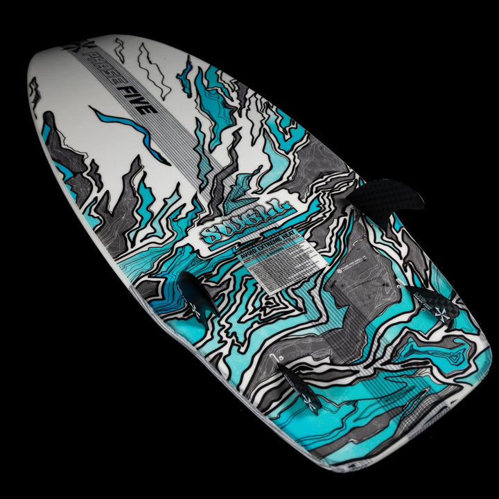 2026 Phase Five Swell surfboard featuring a vibrant blue and black design, ideal for performance on the water.