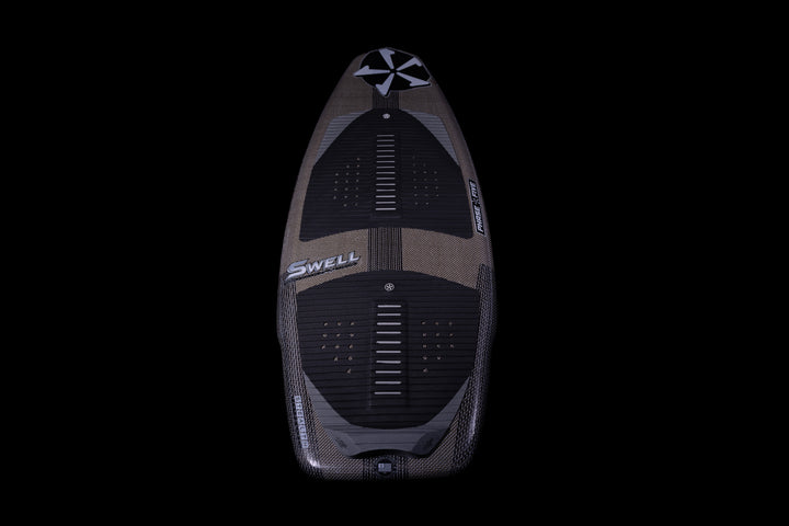 2025 Phase 5 Swell Stealth surfboard with a sleek black and gray design, textured surface, and traction pads for stability.