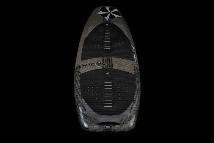 Top view of the 2025 Phantom Stealth Surf Board with black and gray design, textured grip pads, and sleek, modern appearance.