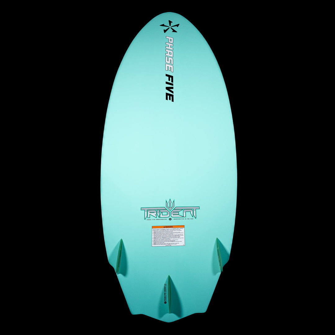 2026 Phase Five Trident V3 wake surfboard in a vibrant teal color with a sleek design and three fins.