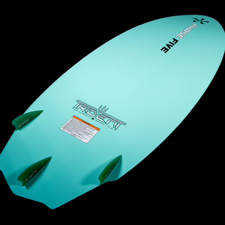 2026 Phase Five Trident V3 surfboard featuring a sleek turquoise design and three green fins for optimal performance.