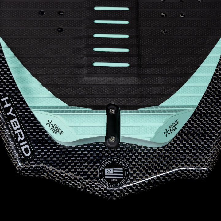 Close-up of the 2026 Phase Five Trident V3 surfboard featuring a textured surface and hybrid design for enhanced performance.