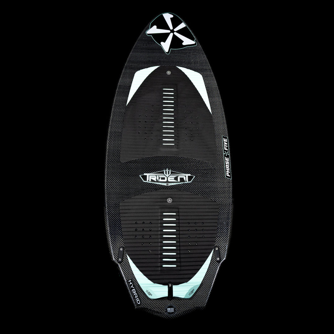 2026 Phase Five Trident V3 wake surfboard featuring a sleek black design with textured grip and streamlined shape.
