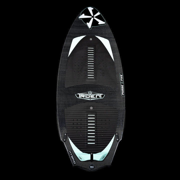 2026 Phase Five Trident V3 wake surfboard featuring a sleek black design with textured grip and streamlined shape.