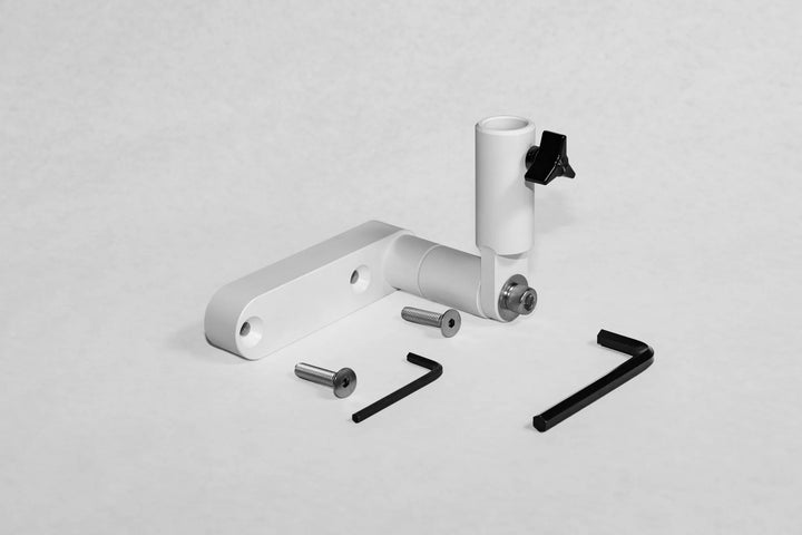 White tower flag mount with black adjustment knob, screws, and Allen wrenches for Malibu/Axis boats.