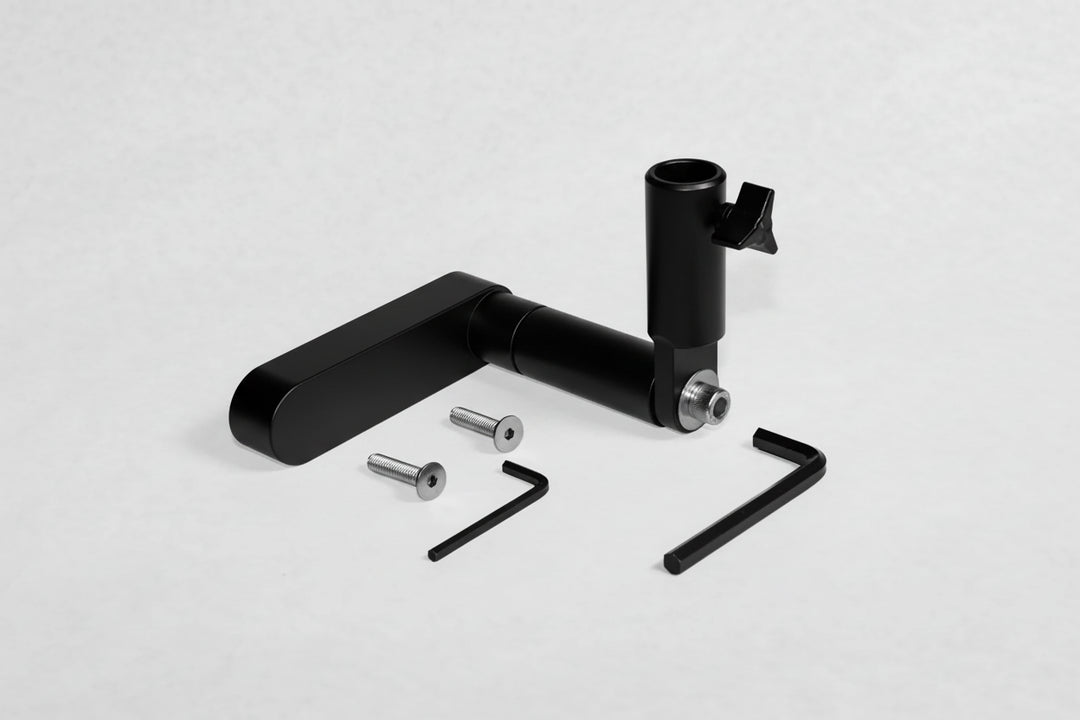 White tower flag mount with black adjustment knob, screws, and Allen wrenches on a white background.