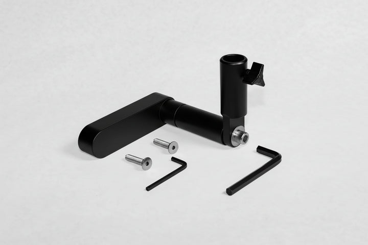 White tower flag mount with black adjustment knob, screws, and Allen wrenches on a white background.