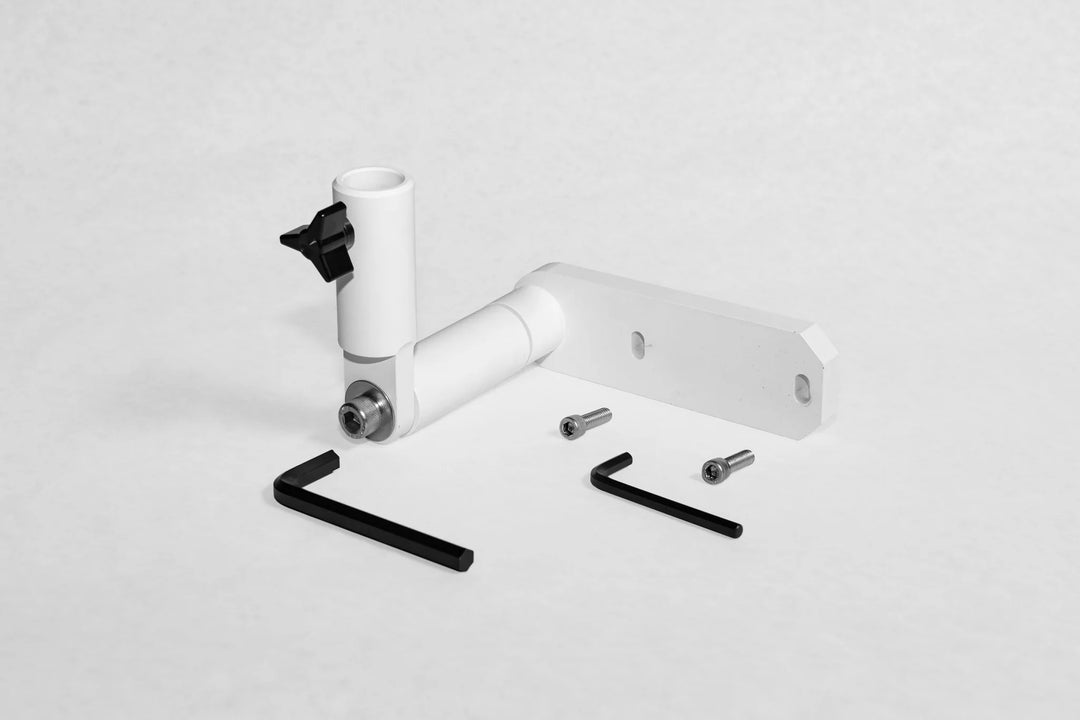 White tower flag mount with black adjustment knob, screws, and Allen wrenches for Malibu/Axis boats.