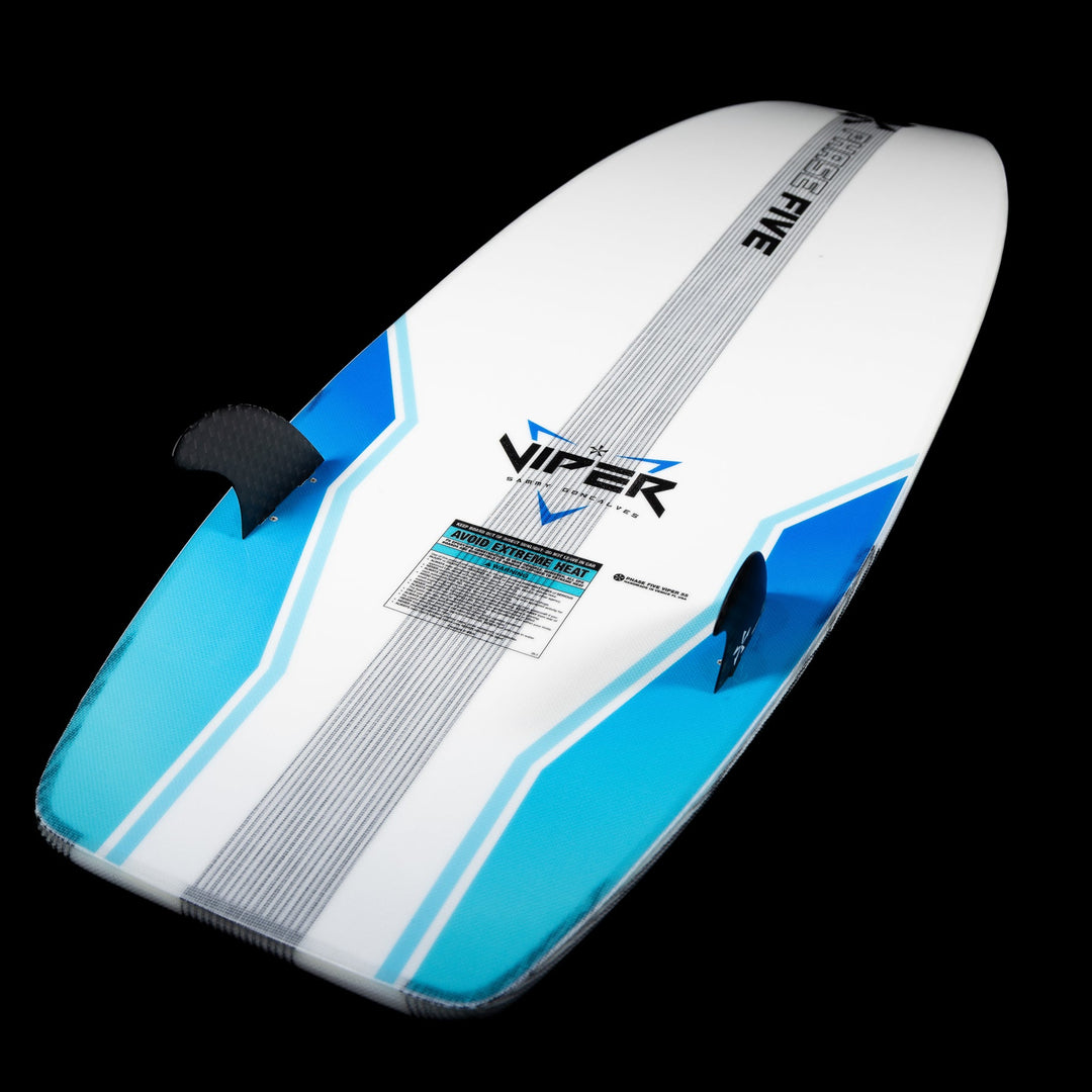 2026 Phase Five Viper surfboard featuring a sleek design with blue accents and three fins for optimal performance.