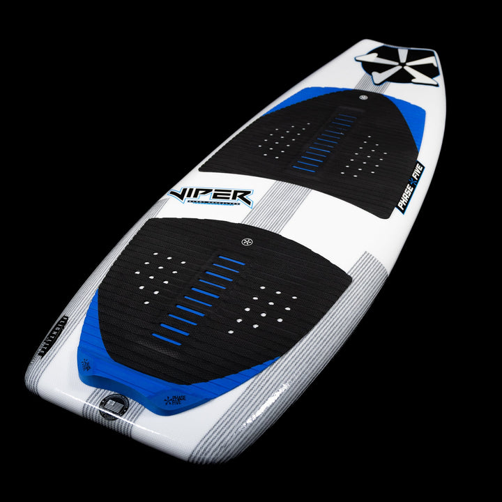 2026 Phase Five Viper wake surfboard featuring a sleek design with blue accents and textured foot pads for grip.