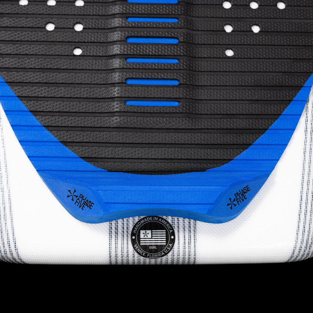 Close-up of the 2026 Phase Five Viper wake surfboard showing its textured surface and vibrant blue accents.
