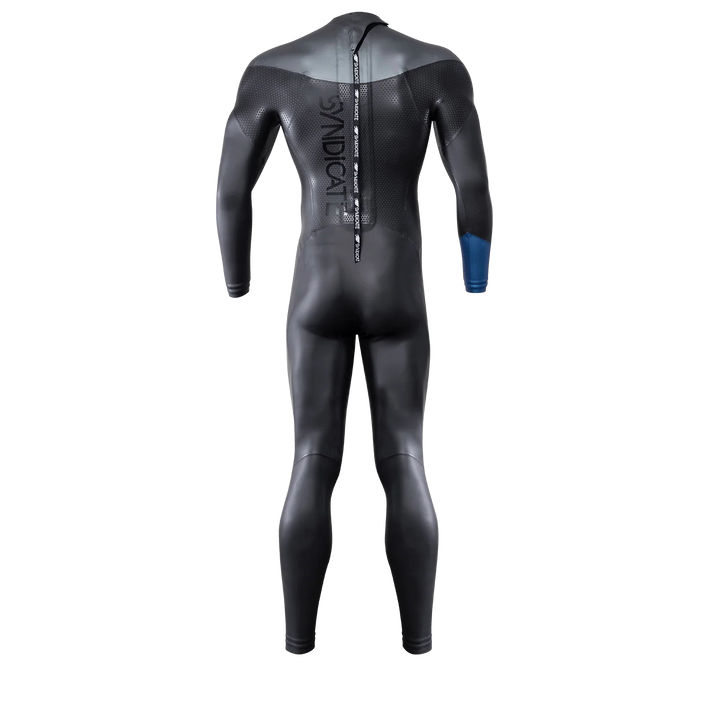 Back view of the Syndicate DRY-FLEX Wetsuit, featuring a sleek black design and a blue wrist panel for added functionality.
