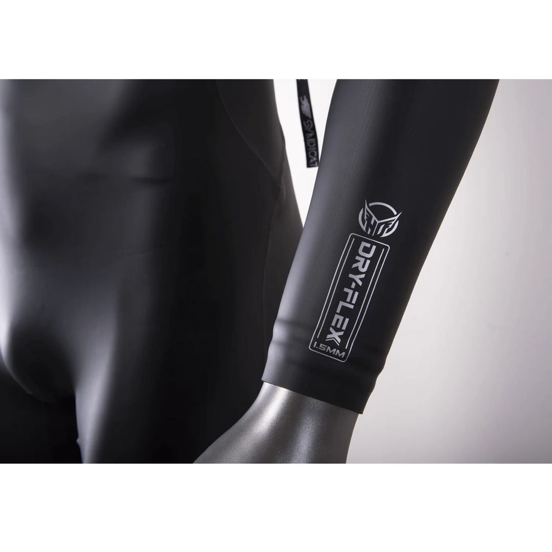 Close-up of the Syndicate DRY-FLEX wetsuit showcasing its sleek design and logo on the sleeve.