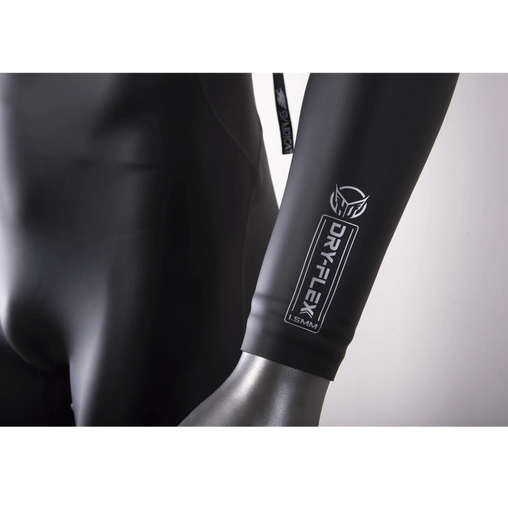Close-up of the Syndicate DRY-FLEX wetsuit showcasing its sleek design and logo on the sleeve.