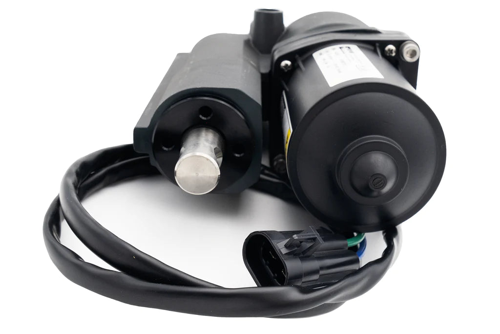 Power Wedge III actuator with black motor, silver shaft, and attached wiring, used for precise positioning in industrial applications.
