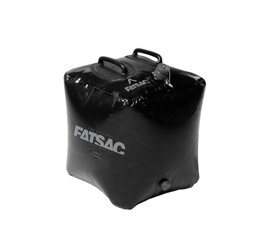 Black Fat Sac brick ballast bag, 155 lbs, used for boat weight and stability, with handles and a fill cap.