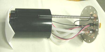 In-tank fuel pump with black cylindrical motor, wiring, and mounting flange, designed for vehicle fuel system applications.