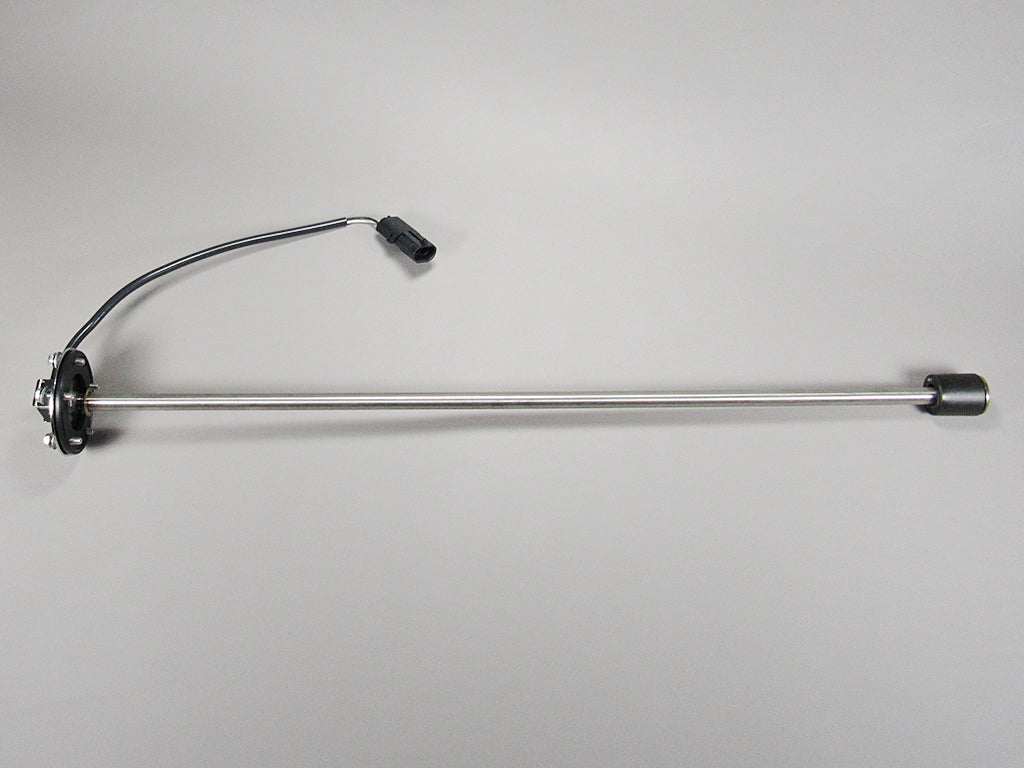 A 23-inch sending unit with a metal rod, black end cap, and electrical connector, used for measuring fluid levels.