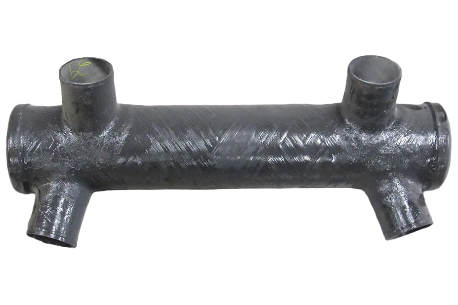 Black metal muffler with multiple inlet and outlet pipes, designed for vehicle exhaust system.